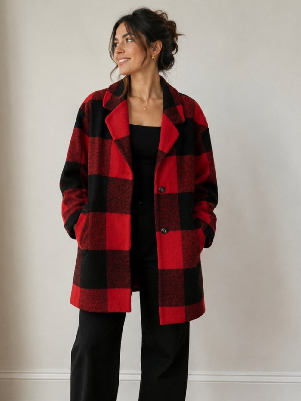 Scarlet Red & Black Plaid Buffalo Check Wool Blend Pea Coat Jacket